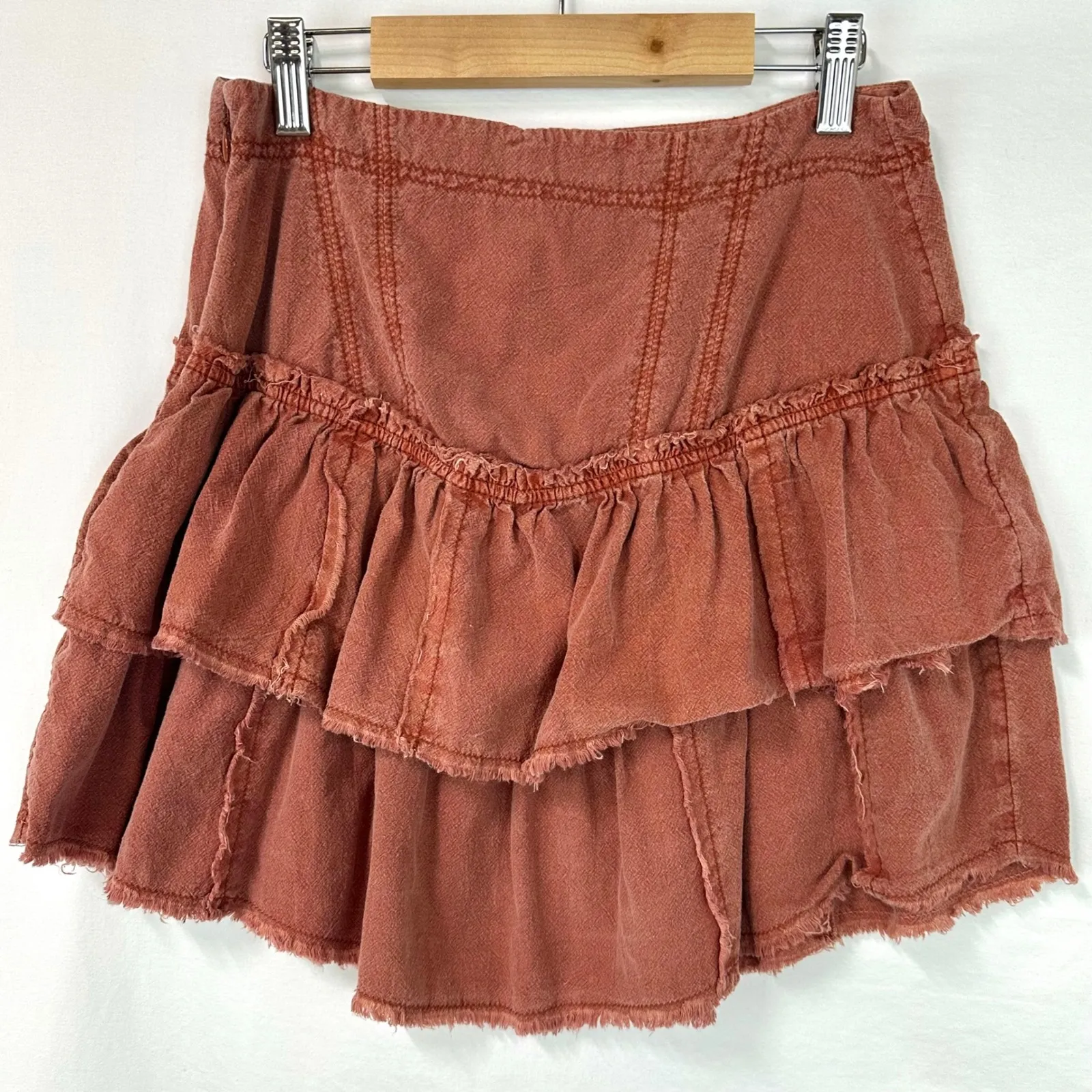 FREE PEOPLE Ruffles In The Sand Rose Rust Tiered Mini Skirt Womens 4 100% Cotton - Image 4