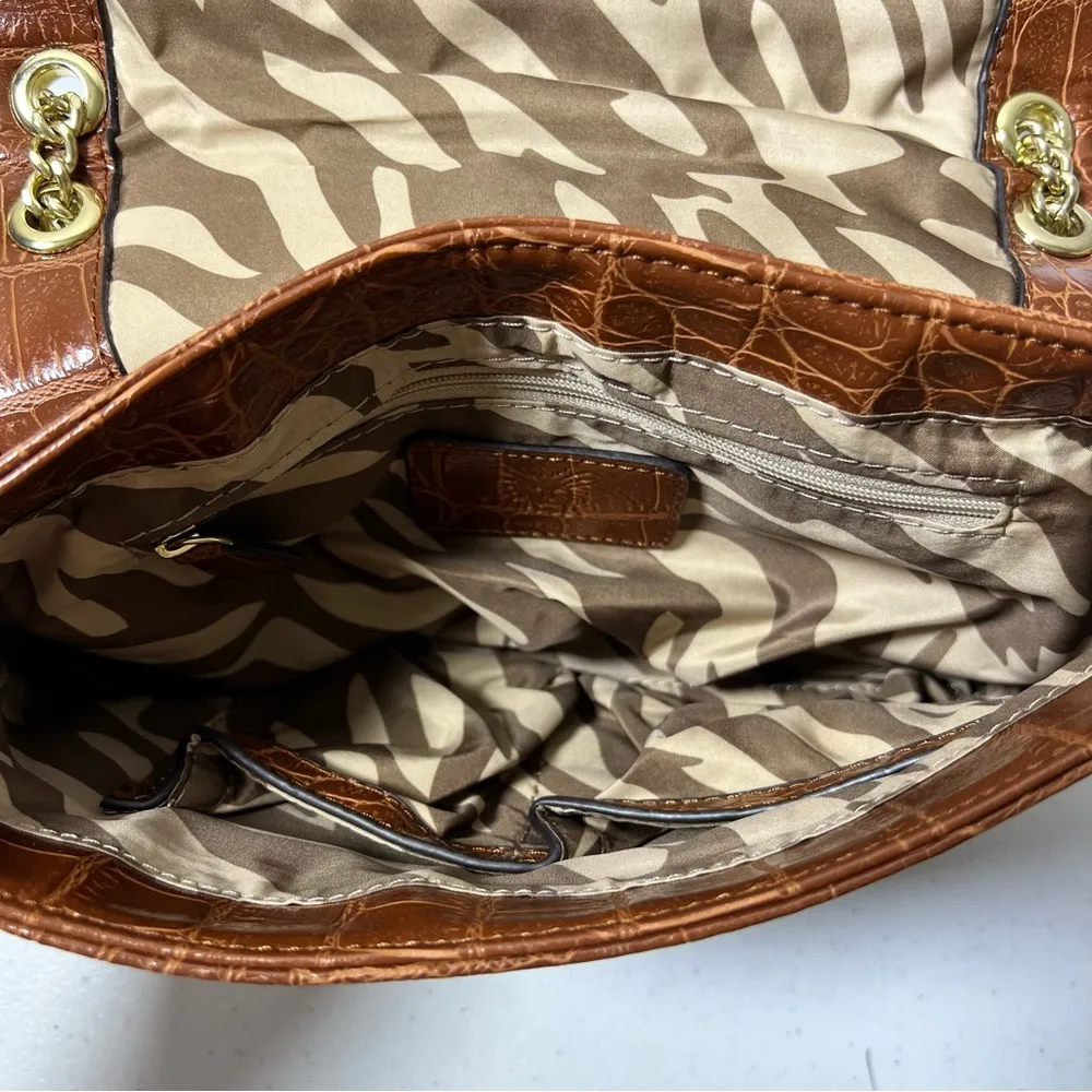 Anne Klein Brown Faux Alligator Handbag with Gold Tone Chain - Image 14