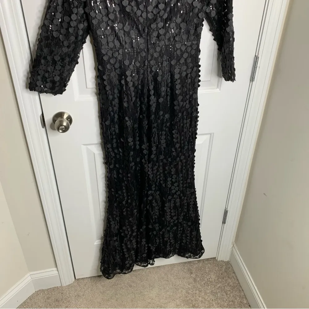 Carmen Marc Valvo 3D floral applique black sequin mermaid black lace‎ gown XS - Image 9