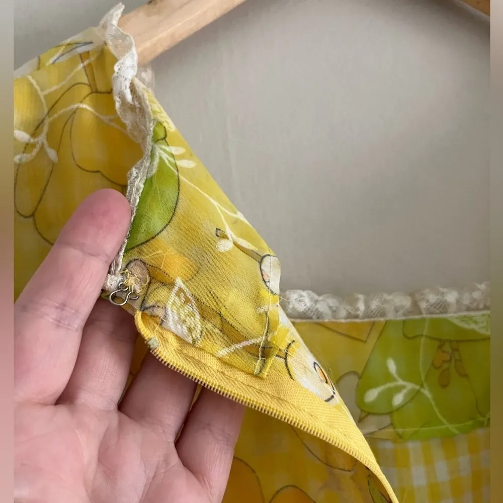 VINTAGE 60s 70s Yellow Floral Prairie Maxi Dress Puff Sleeve Square Neck Daisy S - Image 11