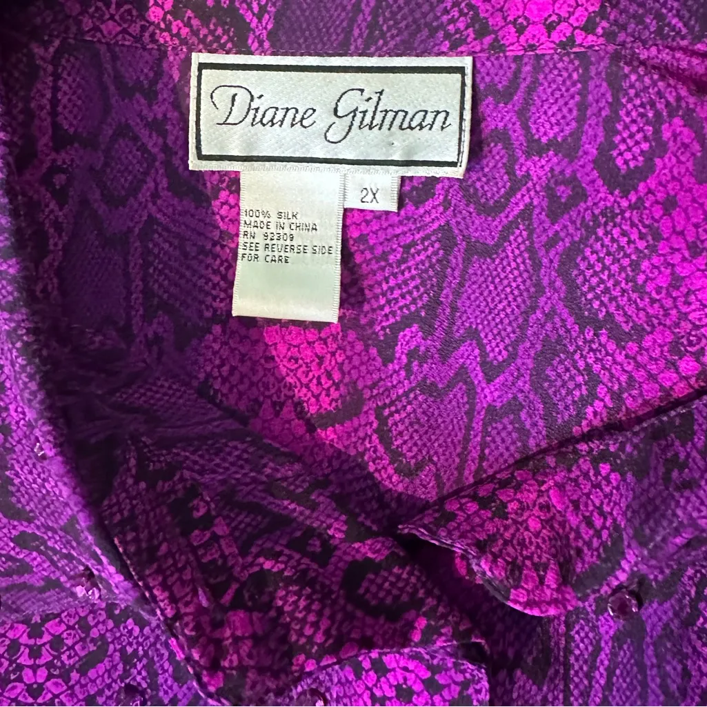 Diane Gillman Silk Pink Fusia Animal Print Embellished Button‎ Up Top Size 2X - Image 6