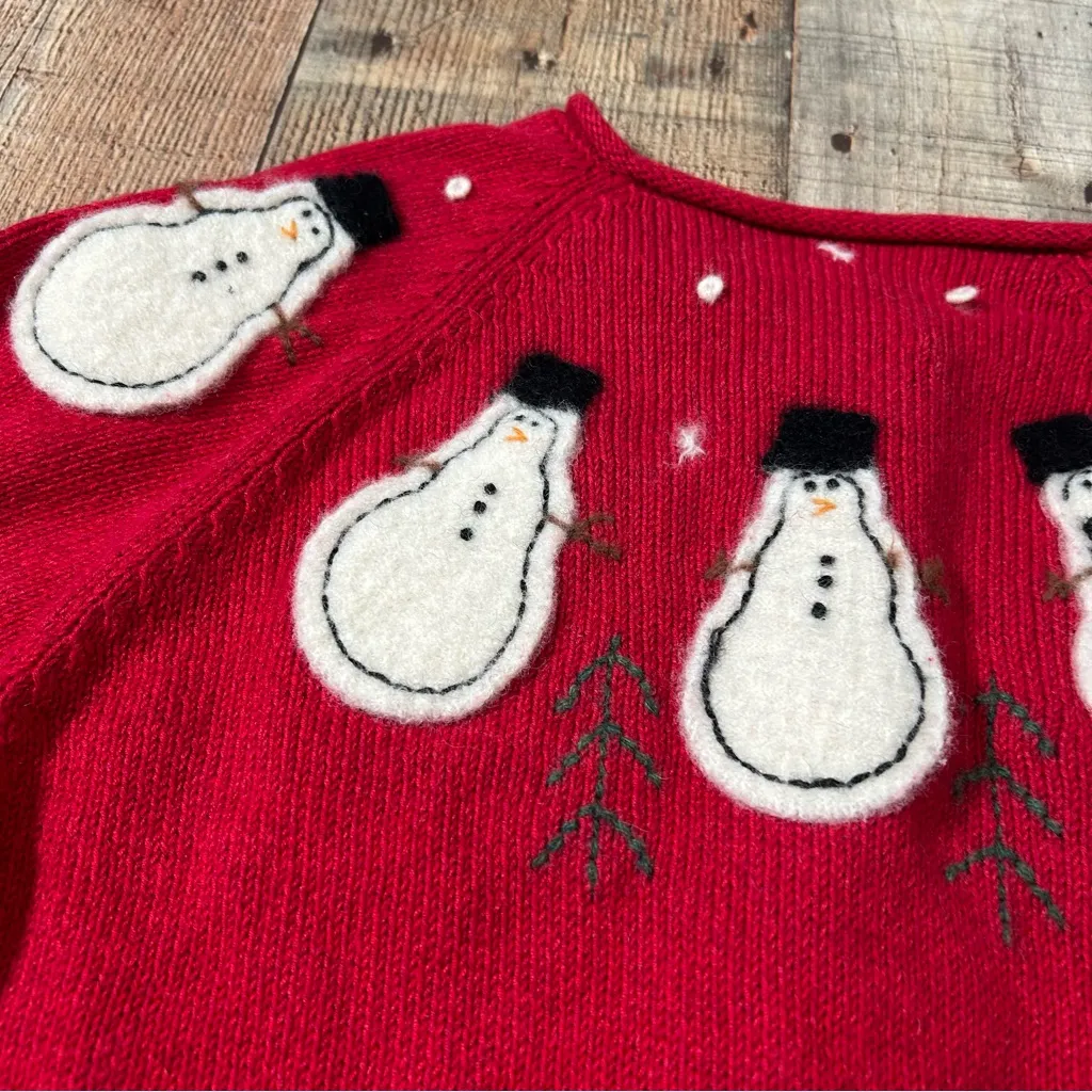 Susan Bristol Vintage Snowman Cardigan Sweater PL Red Embroidered Appliqué Large - Image 6