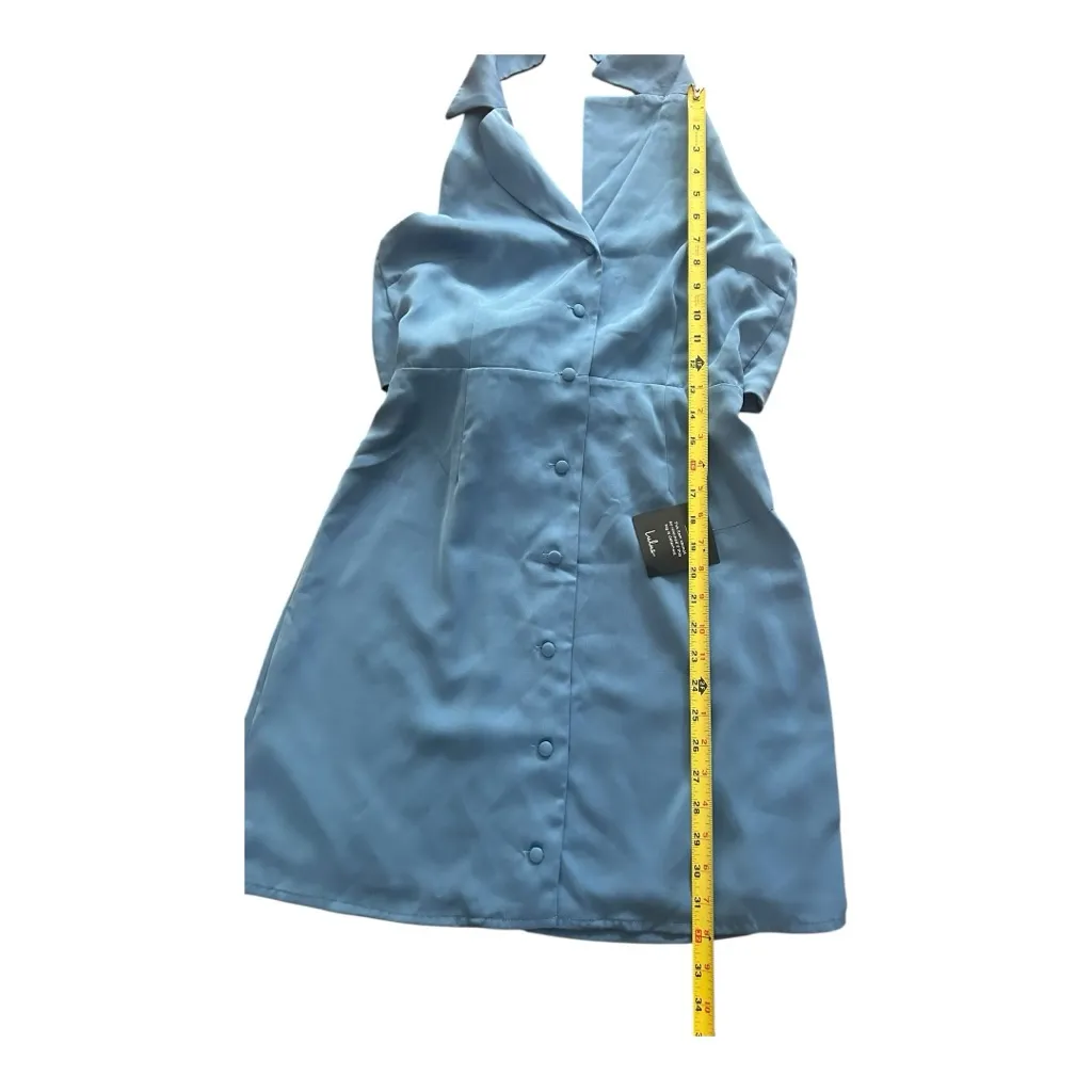 Lulus Extremely Chic Blue Collared Tie-Back Button-Up Mini Dress Size Small - Image 6