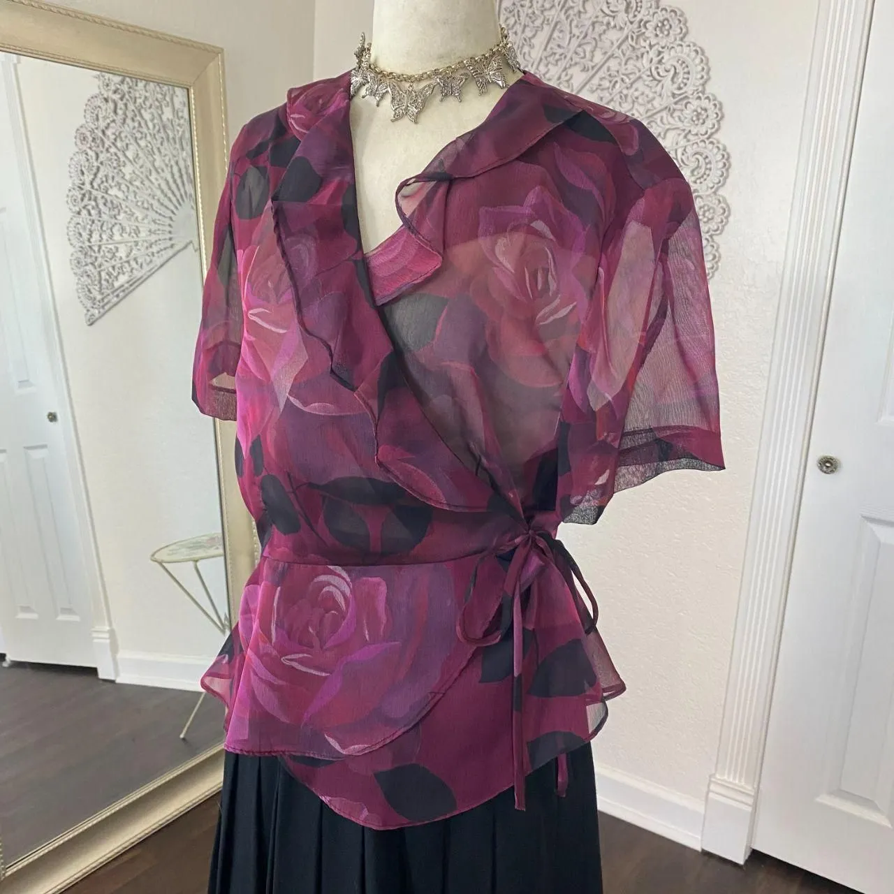 Vintage Whimsygoth Frilly Ruffle Rose Sheer Purple Black Mesh Wrap Top Blouse L Size 12P - Image 4