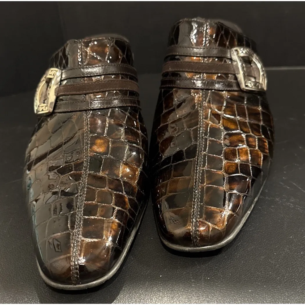 Brighton Tudor Womens 9 M Crocodile Embossed Leather Mules Buckle Preppy Italy - Image 2