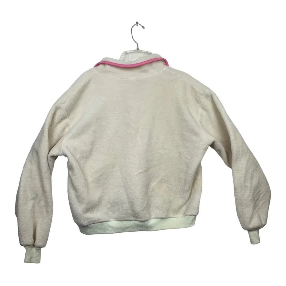 Woolrich womens xl vintage 90s fleece t snap pullover sweatshirt white pink - Image 4