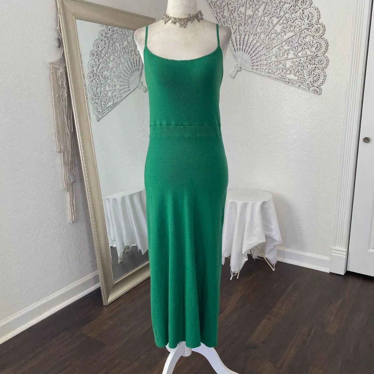 Lalavon Soft Bright Green Preppy Coquette Ribbed Bodycon Maxi Midi Dress L Size L - Image 2