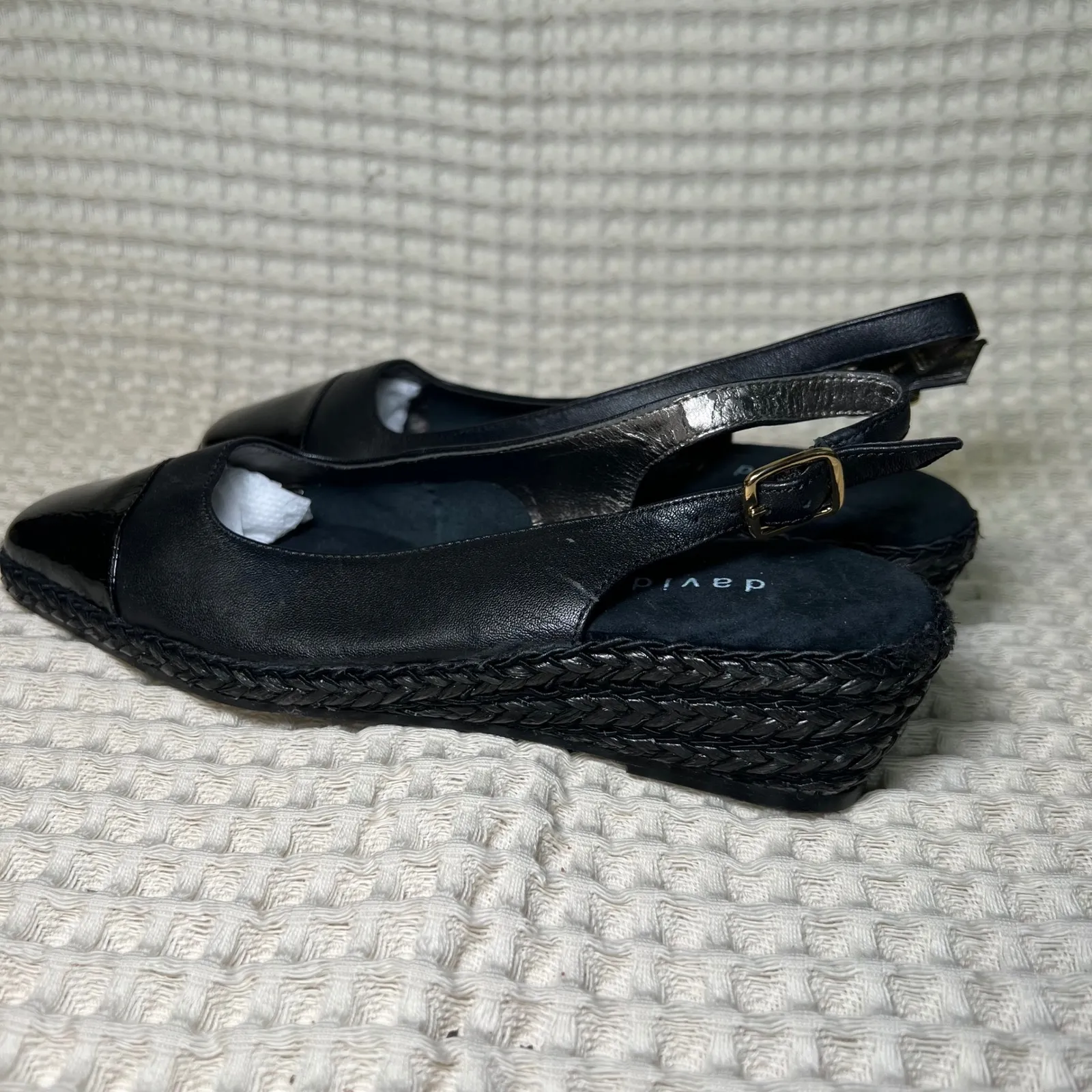 David Tate Black Patent Leather Slingback Wedge Espadrille Shoes Womens size 7 - Image 3
