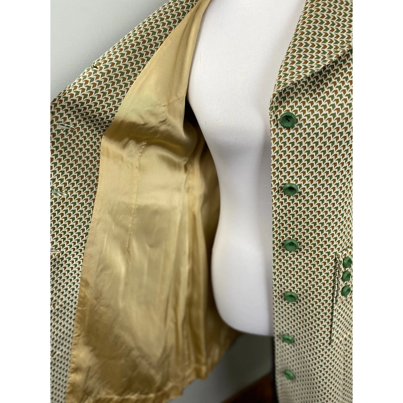 Vintage Lan Siang 70s Geometric Button Front Long Blazer Pea Coat MCM Medium Green - Image 8