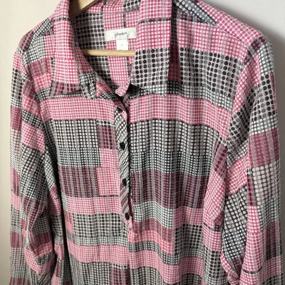 CJ Banks Top Womens 2X Plus Size Pink Polka Dot Pop Over Pockets Tunic Patchwork - Image 5