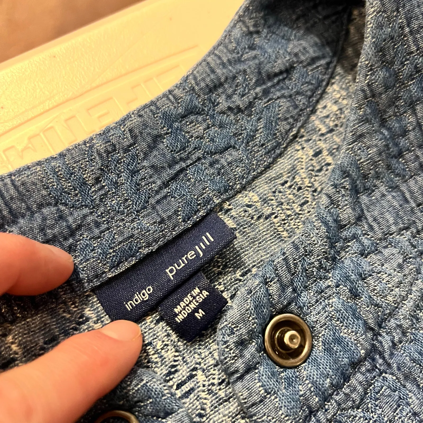 J Jill Indigo Textured Blue Cotton Snap Button Relaxed Chore Jacket Size Medium - Image 8