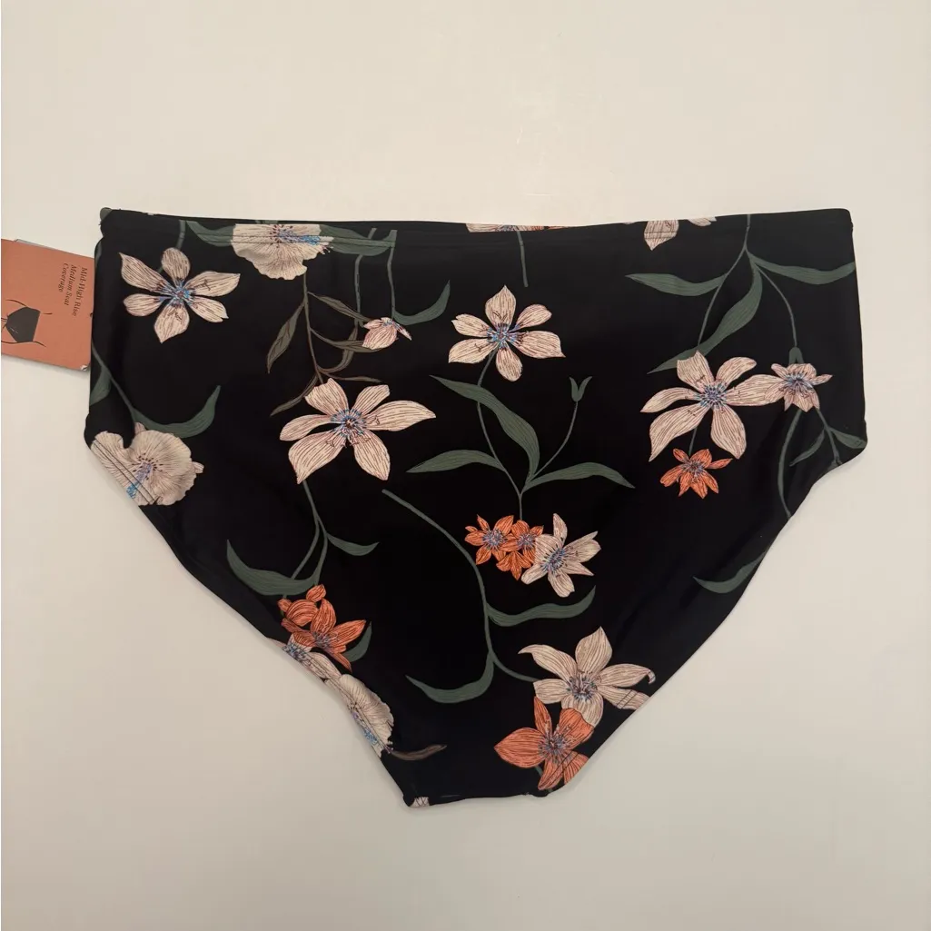 Shade & Shore Black Floral Mid High Rise Bikini Bottoms Women’s Size Large NWT - Image 2