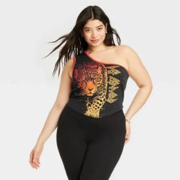 Def Leppard Leopard Print One Shoulder Cropped Tank Black size Medium (NWT) - Image 3