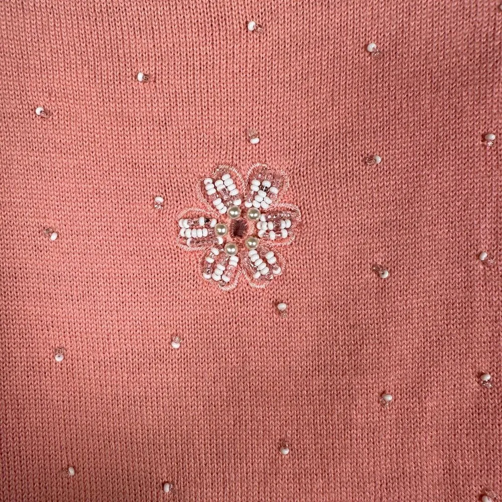 Vintage Gene Shelly 1960s Pink Hand Beaded Pearl Floral Cropped Blouse Size 12 - Image 4