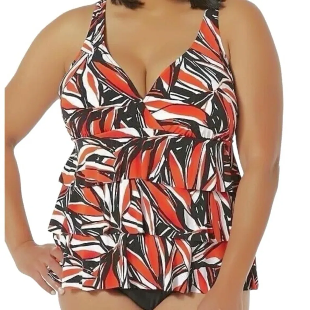 Tropical Escape Womens Plus Triple Tiered Orange Miami Palm Swimsuit - Image 2