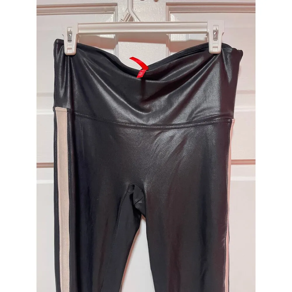 SPANX Faux Leather Leggings Tummy Control Side Stripe Black White size XL - Image 3