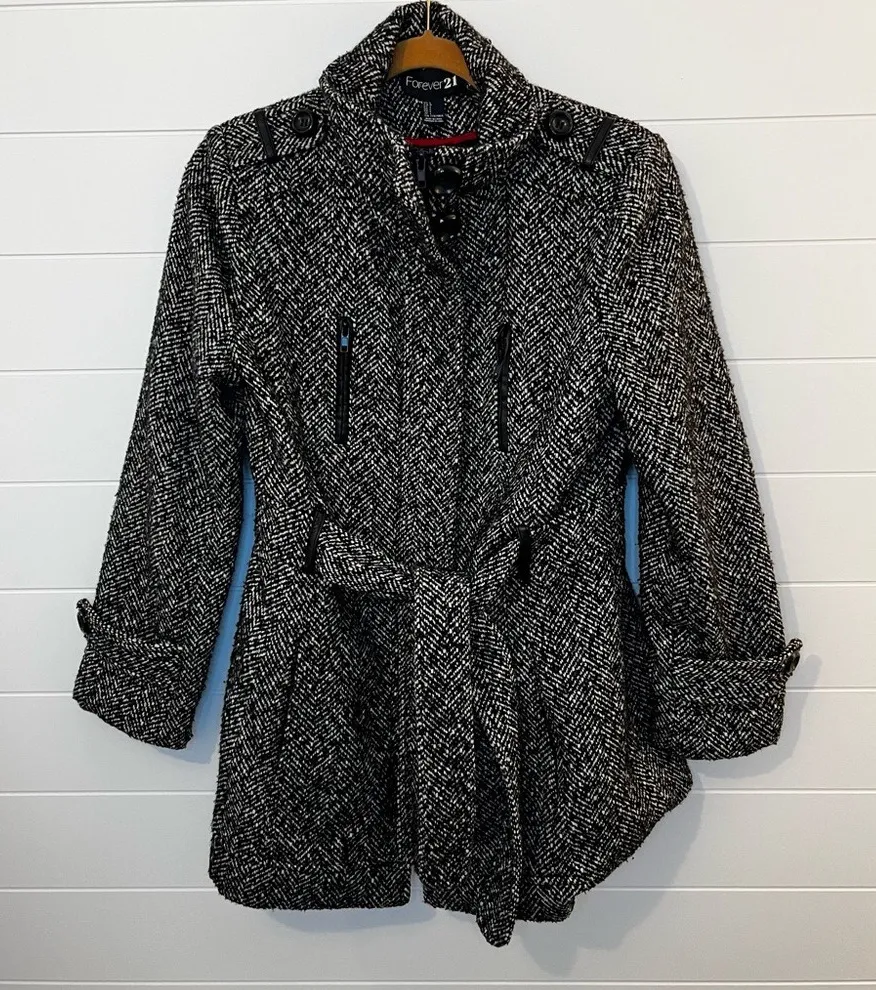 Women's Black and White Faux Wool Herringbone Trench Coat Large Belted NormCore - Image 1