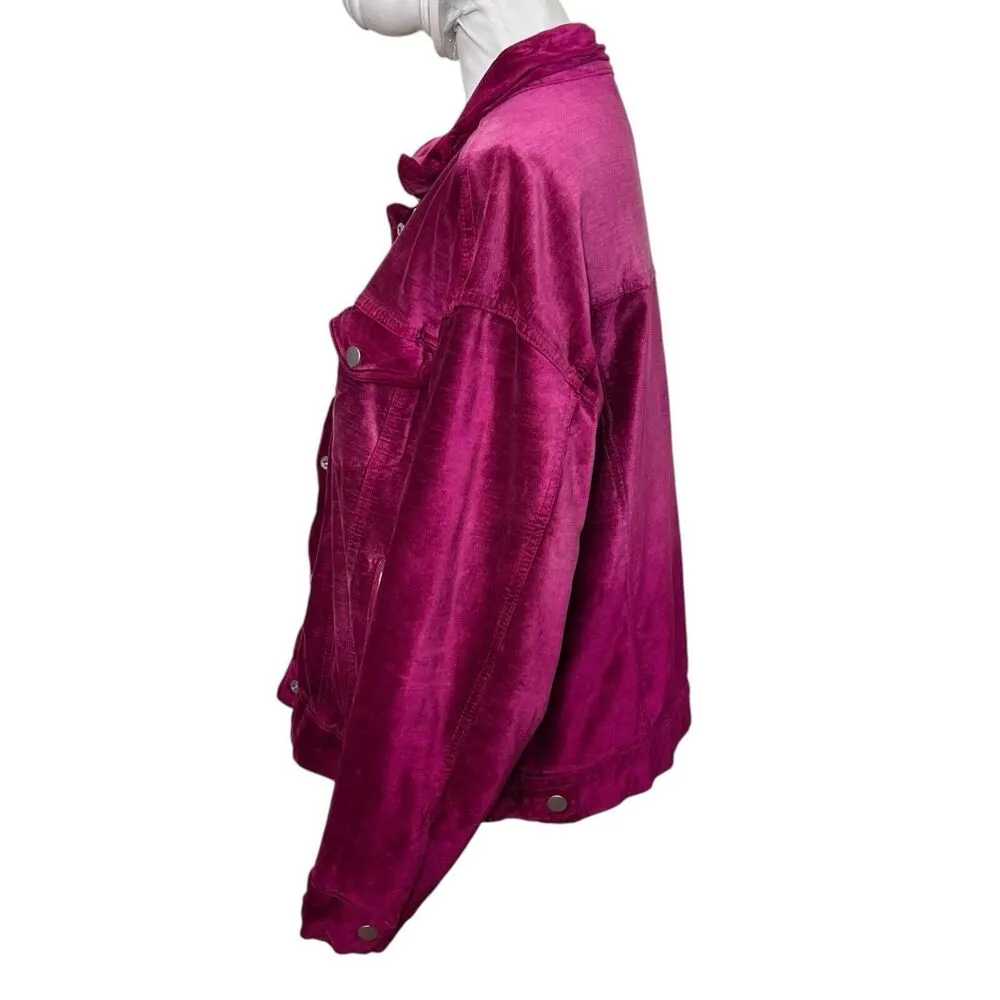 Free People Fuchsia Pink Luxe Velvet Trucker Jacket Oversized Women’s Size XS/S - Image 3