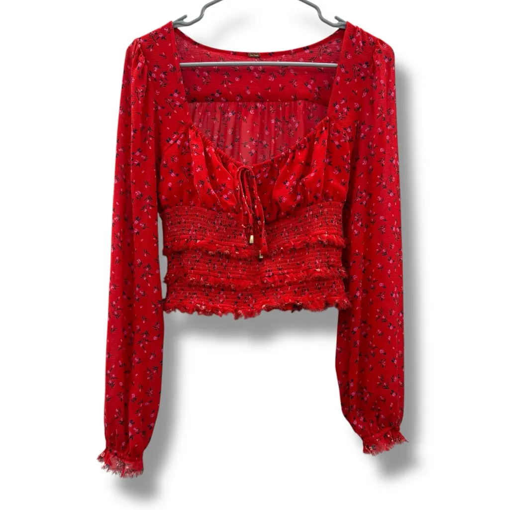 Free People Lolita Smocked Red Floral Long Sleeve Cropped Top Sz‎ XS - Image 2