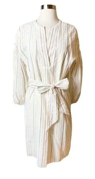 JOIE Shift Shirt Dress Semra Ivory Shimmery Stripes Porcelain Cotton Belted XS - Image 2