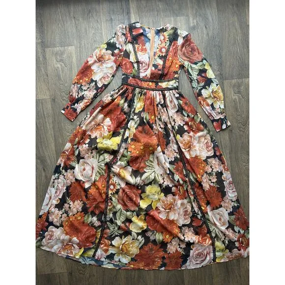 L'Atiste Burnt Orange Floral Semi Sheer Deep V Maxi Dress Size Small - Image 3