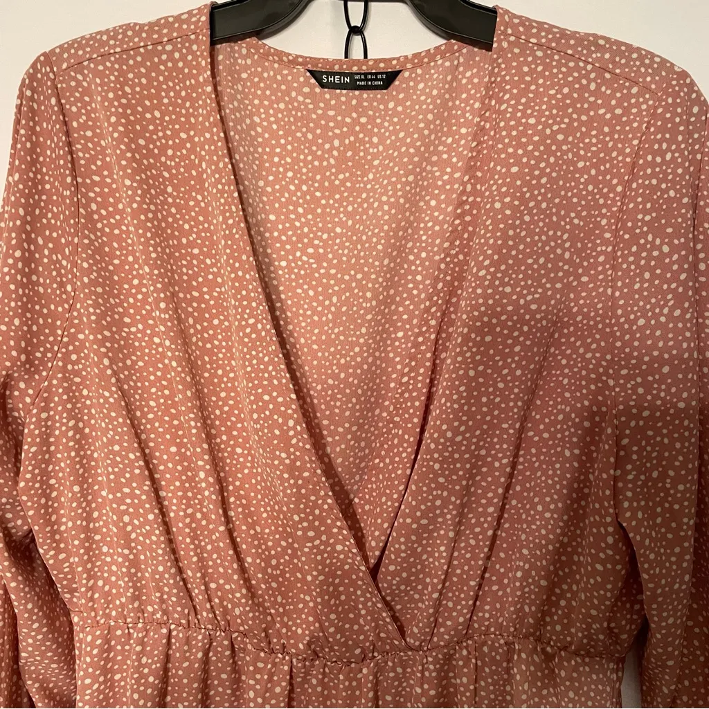 SHEIN Wrap Dress V-Neck Pink White Dot Women XL Boho Croquette Girl Long Sleeve - Image 3
