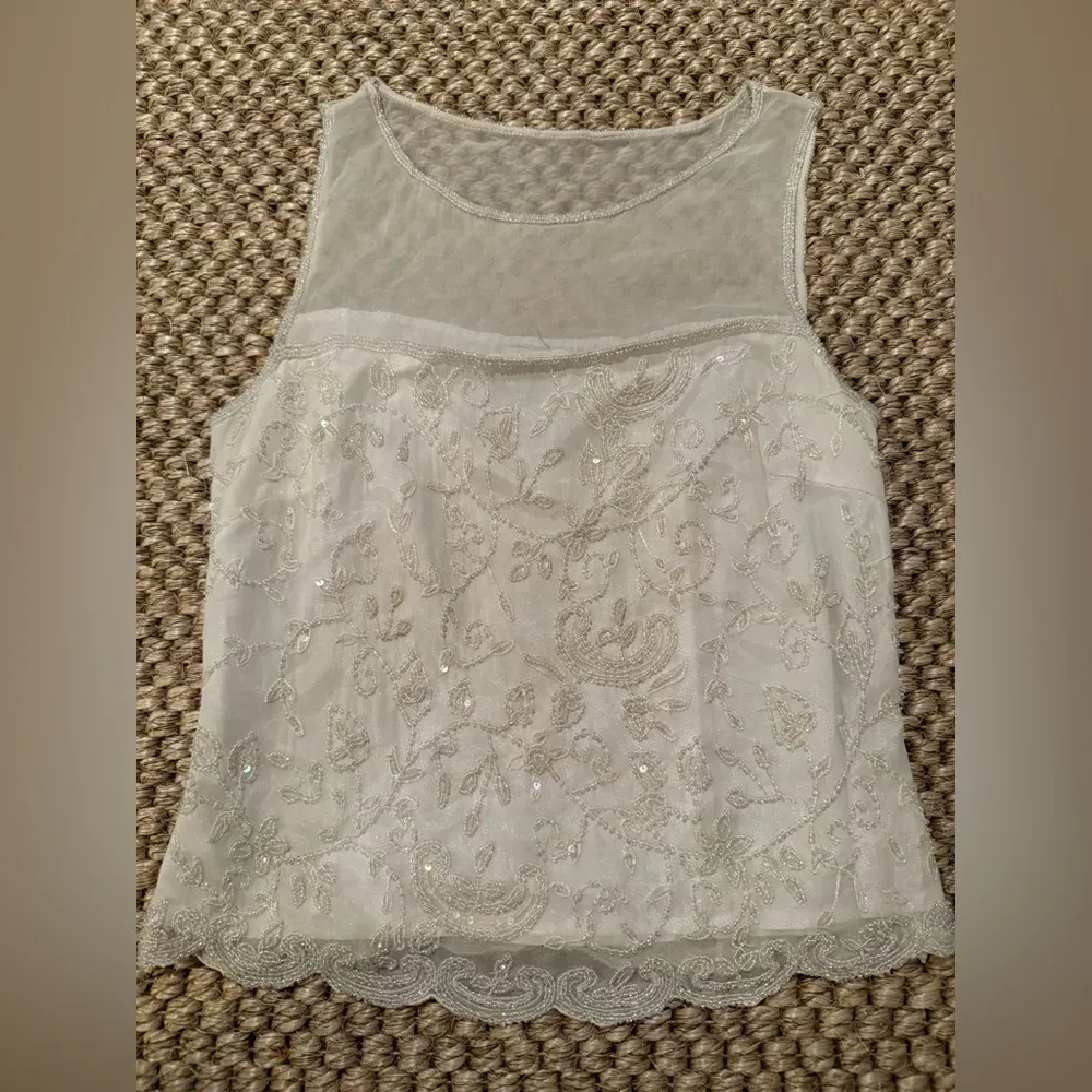 Papéll Boutique Evening vintage white beaded sheer collar blouse women’s size M - Image 5