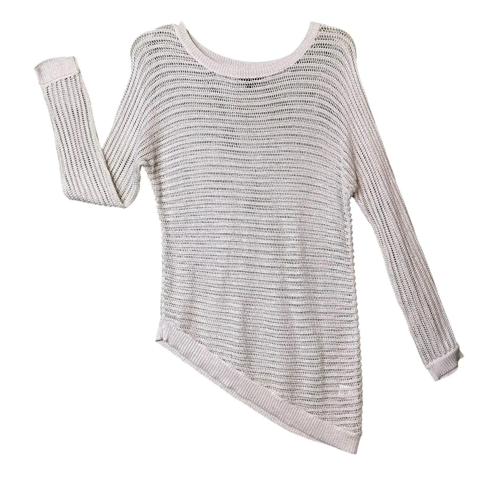 APT. 9 Sweater Womens Small Ivory Asymmetrical Hem Open Knit Tunic Top Metallic - Image 11