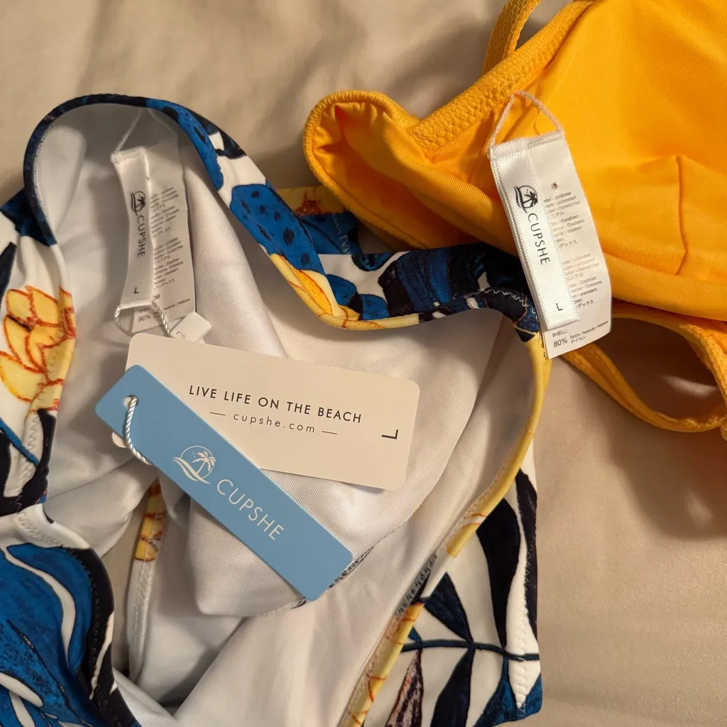 Cupshe Women Sz L Two-Piece Bikini Blue Leaf Print Crisscross Back Tie Swimsuit - Image 5