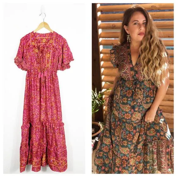 Vintage Tiered Bohemian Red Paisley Maxi Dress Tassel Stretch Silk Blend OS Size M - Image 2