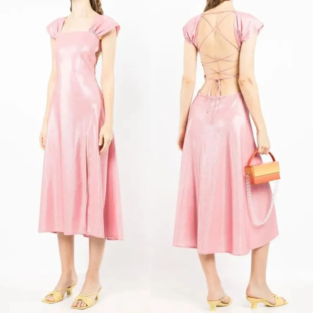 Siedres Dress Pink Sparkly Strappy Lace Up Cap Sleeve‎ Maxi Dress w Slit Size L Size L - Image 5