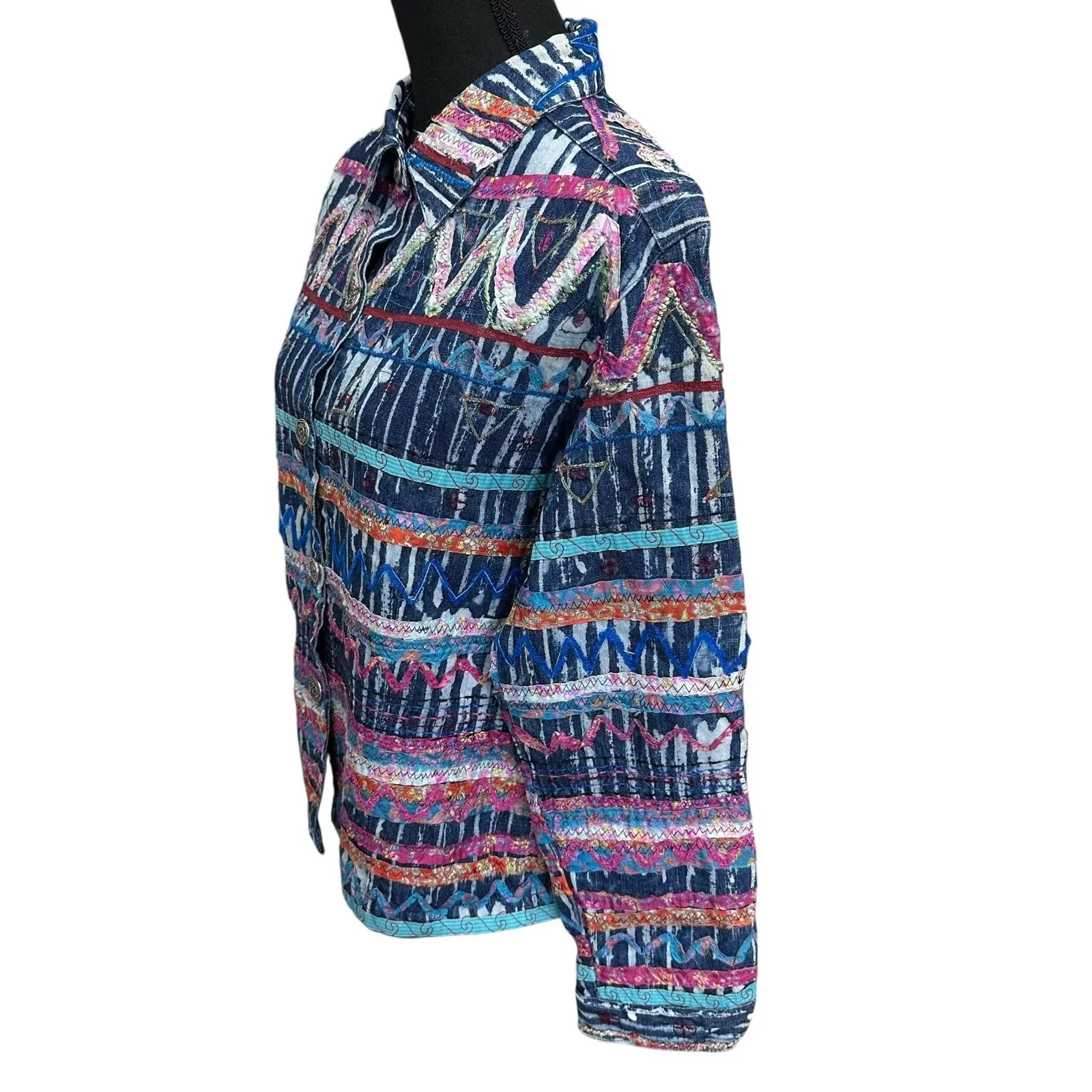 Chico's Denim Jacket Women's Size 2 (12/14) Blue Colorful Ribbon Art To Wear - Image 3