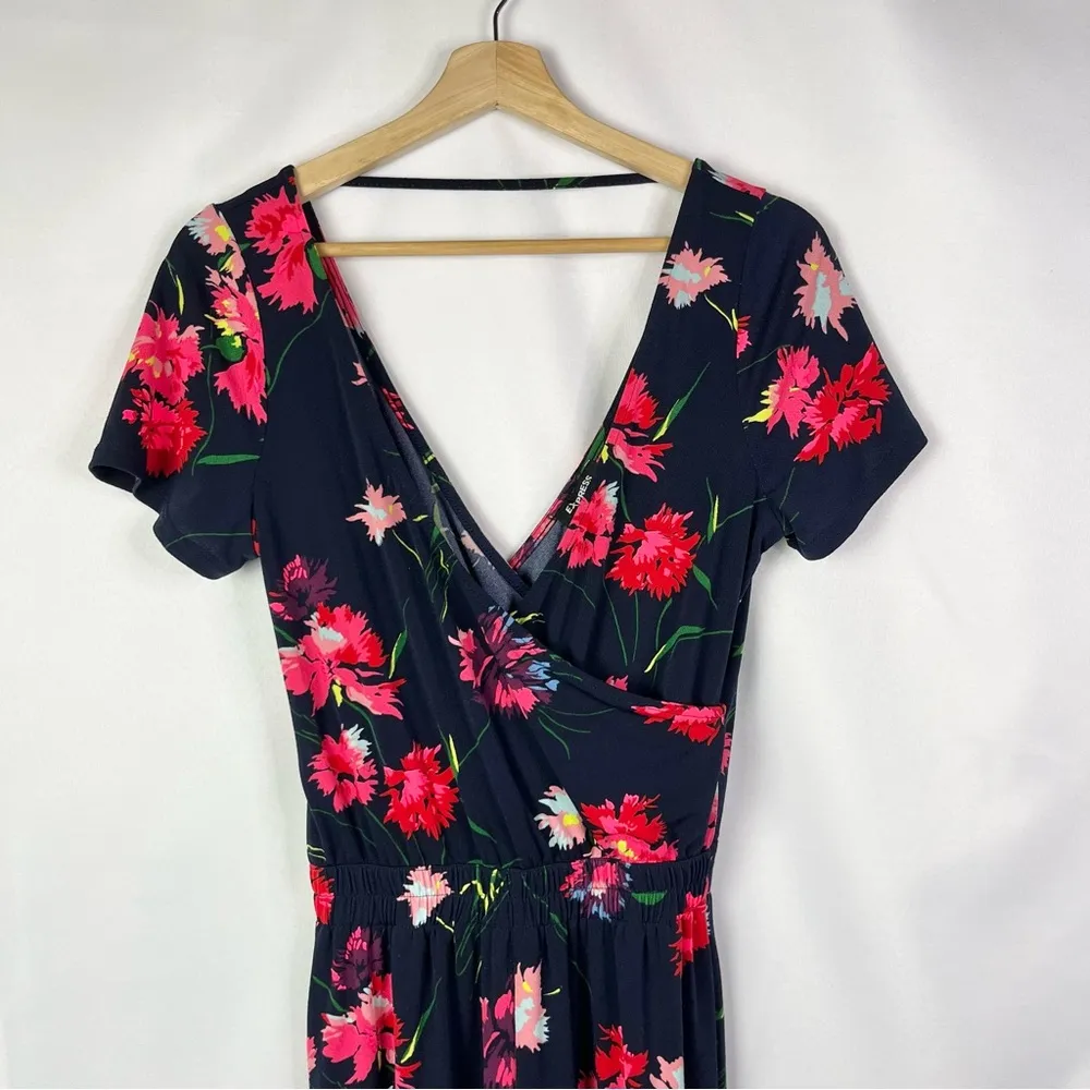 Express Navy Blue Neon Pink Floral Short Sleeve Straight Leg Jumpsuit XS - Image 3