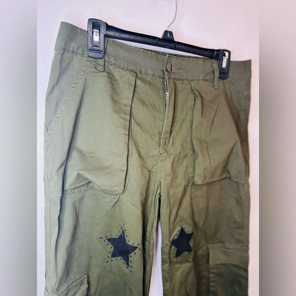 PTCL Ethical Clothing Womens Wide Leg Baggy Cargo Pants Green W/ Stars Size L Size L - Image 3