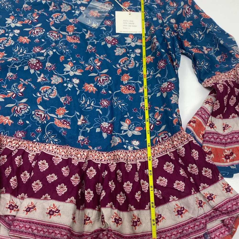 Beach lunch lounge NWT Size L Women’s Suzy Teal Border Floral Blouse - Image 7