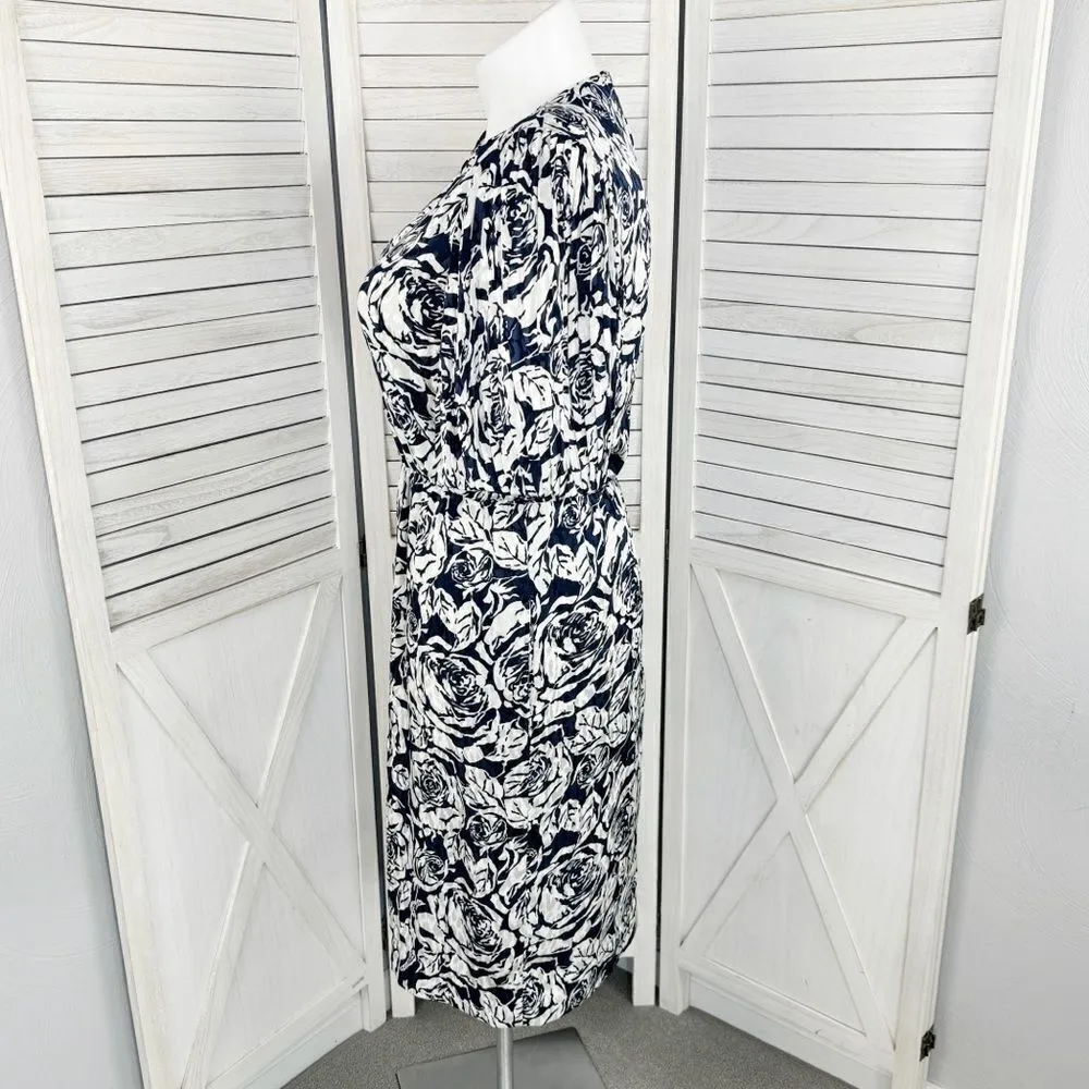 Vintage‎ Henry Lee Floral Satin Jacquard Pleated Puff Sleeve Dress Blue White 12 Blue - Image 2