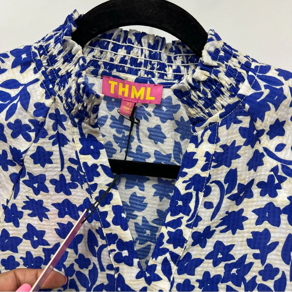 NWT Anthropology THML xs embroidered puff sleeve Blue Pink Floral Blouse ruffle - Image 12