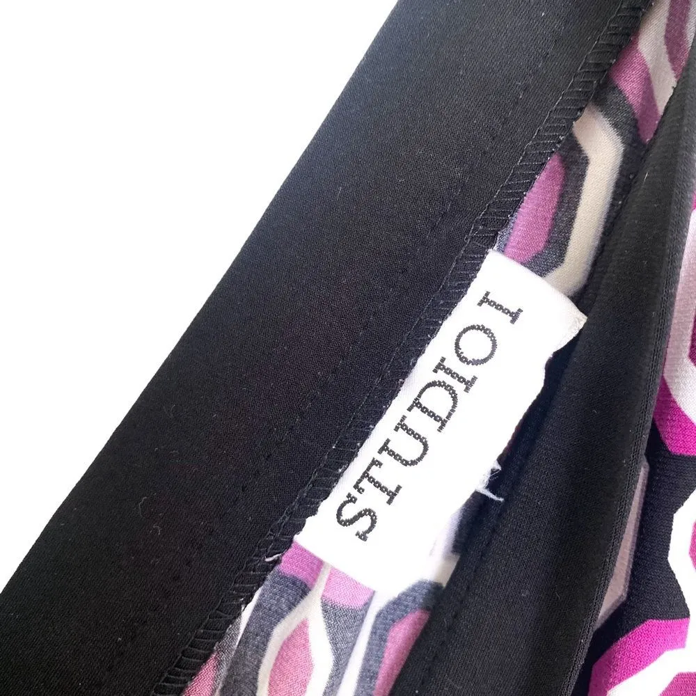 Studio I Purple Black Trim Printed Midi Formal V Neck Short Sleeve Dress Size 6 - Image 5