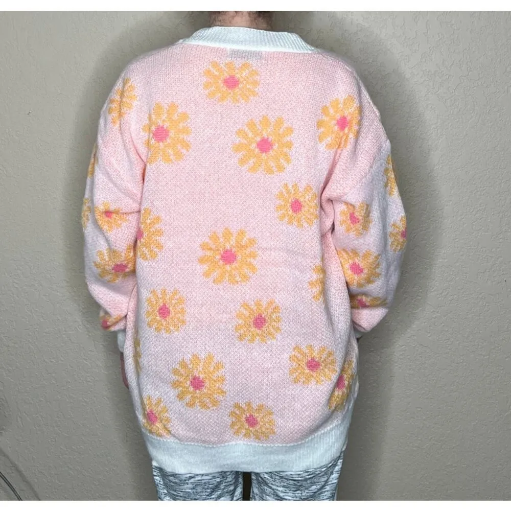 AZ womens size S/M sweater pink/cream daisies cardigan button - Image 3