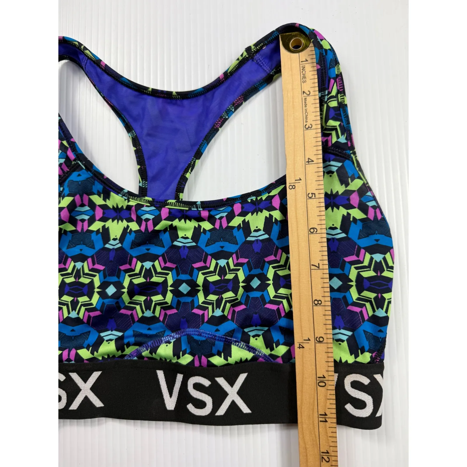 VSX Sport Bra Geometric Print Racerback Activewear Top Small Blue - Image 3