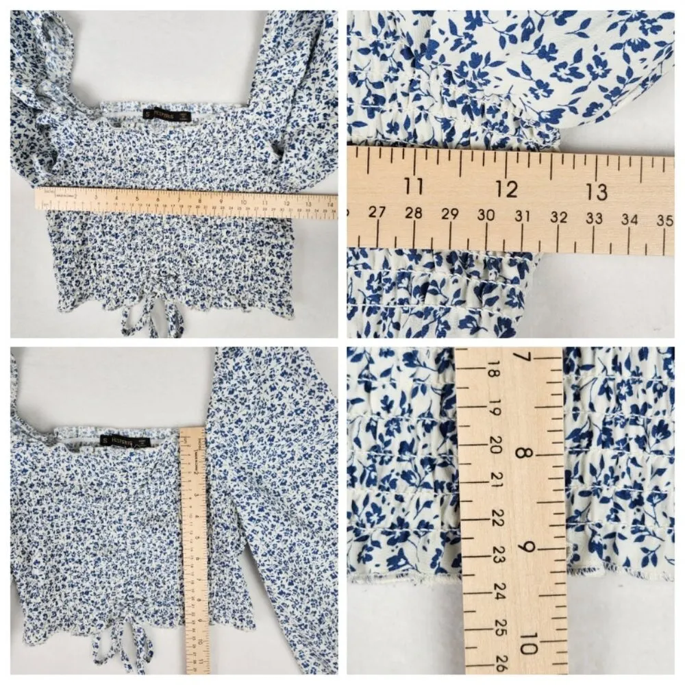 Hesperus Long Sleeve Floral Puff Sleeve Crop Top Size S White Blue - Image 6