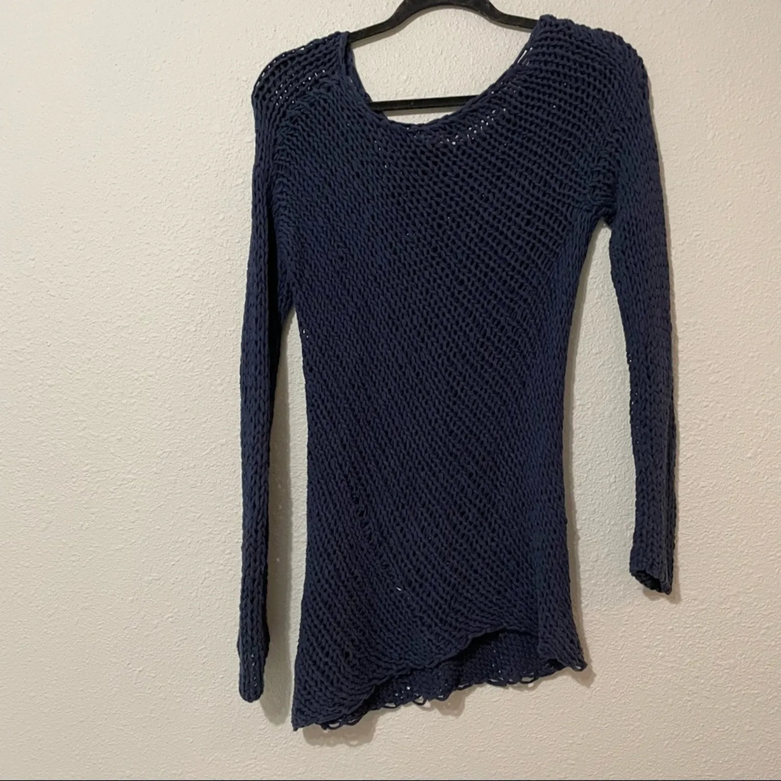 Vince Blue Open Knit Asymmetrical Hem Tunic Sweater XS Lagenlook Crochet Boho - Image 5
