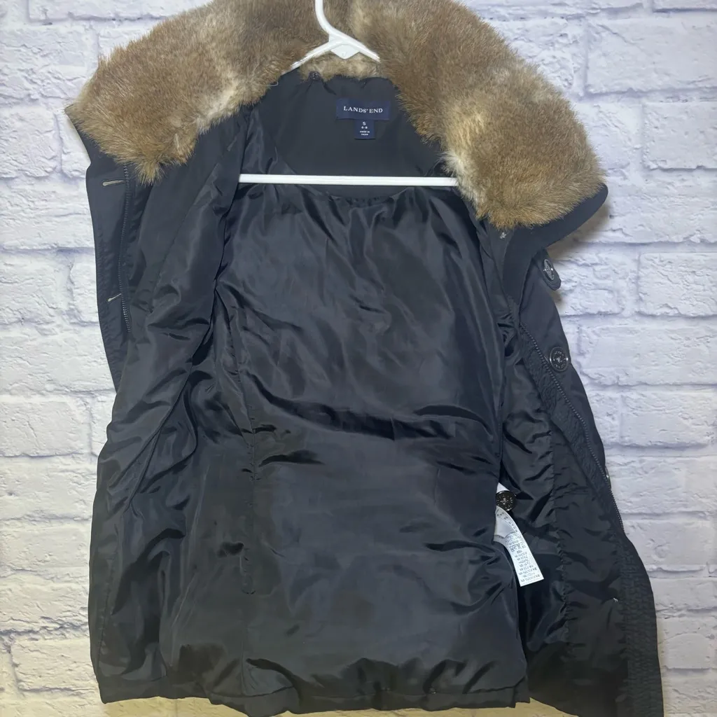 Lands' End Women's Goose Down Puffer Vest Faux Fur  Hood Small Outdoor - Image 10