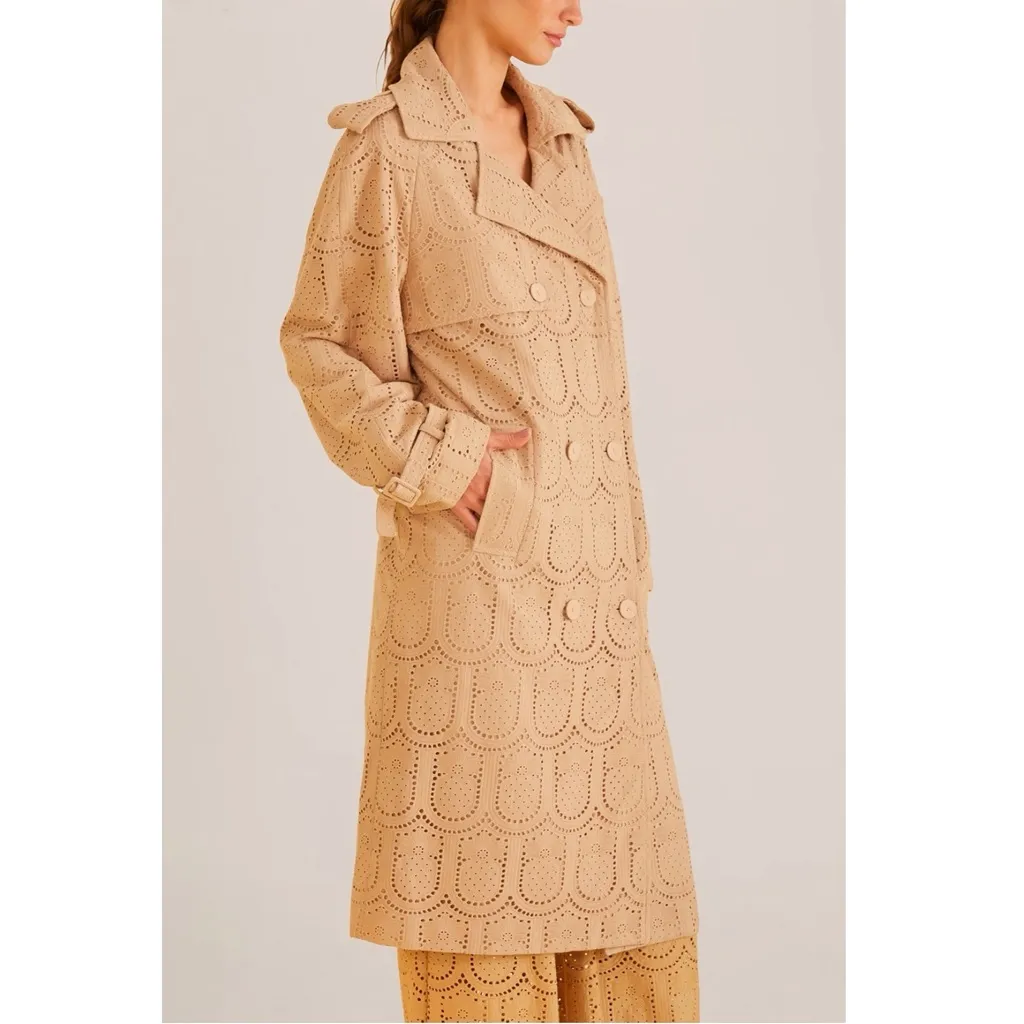 Farm Rio Khaki Pineapple Cotton Eyelet Trench Coat Size Large Neutral Bohemian - Image 4
