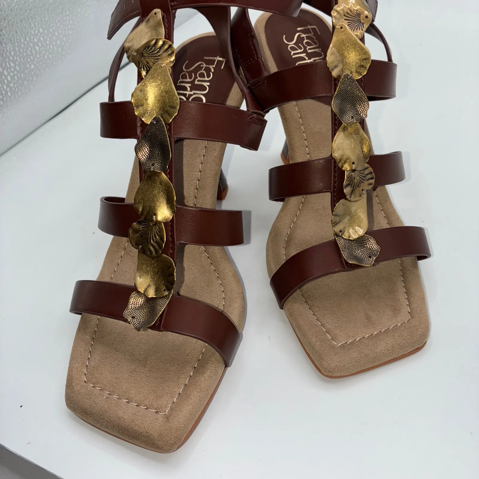 Franco Sarto L-Rine Womens 6.5 Brown Leather Gladiator Heels Gold Leaf Party - Image 10