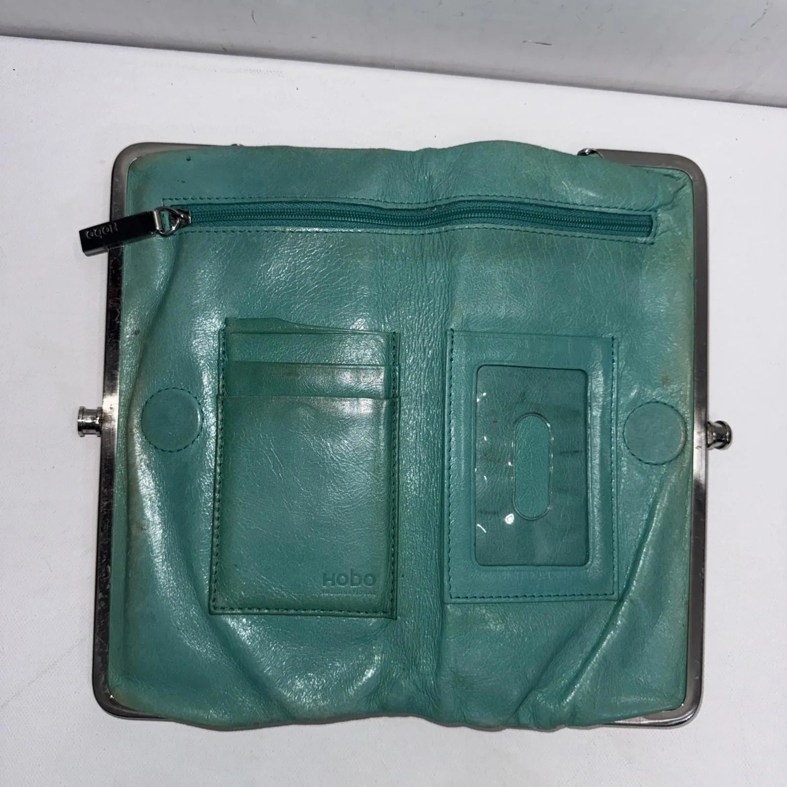 Vintage Y2K Hobo Embossed Leather Teal Carry All Clutch Equestrian Lauren Wallet Green - Image 10