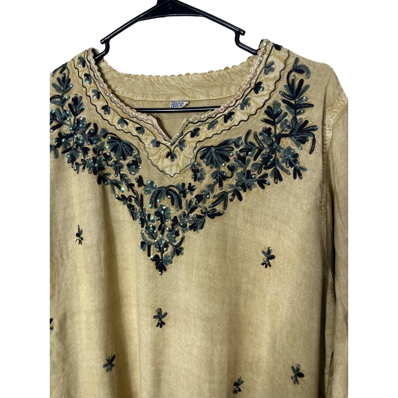 Beige Embroidered Long Sleeve‎ Pullover V Neck Bohemian Top Free Size Womens Tan - Image 2
