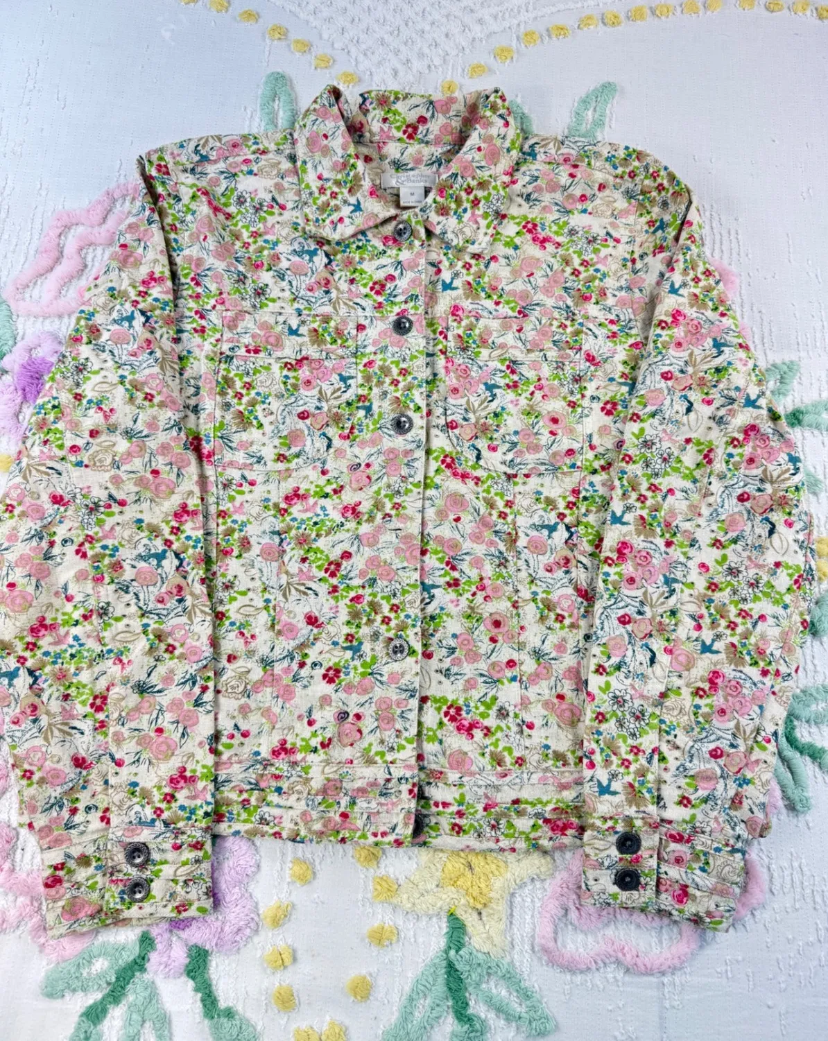 Christopher Banks Floral Print Jacket women Medium Linen Cotton Button Front - Image 1