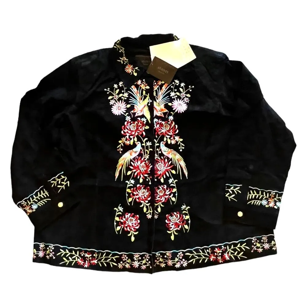 NEW Avanti Womens 3X Black Suede Leather JACKET Embroidered Bird Floral Mob Wife - Image 2