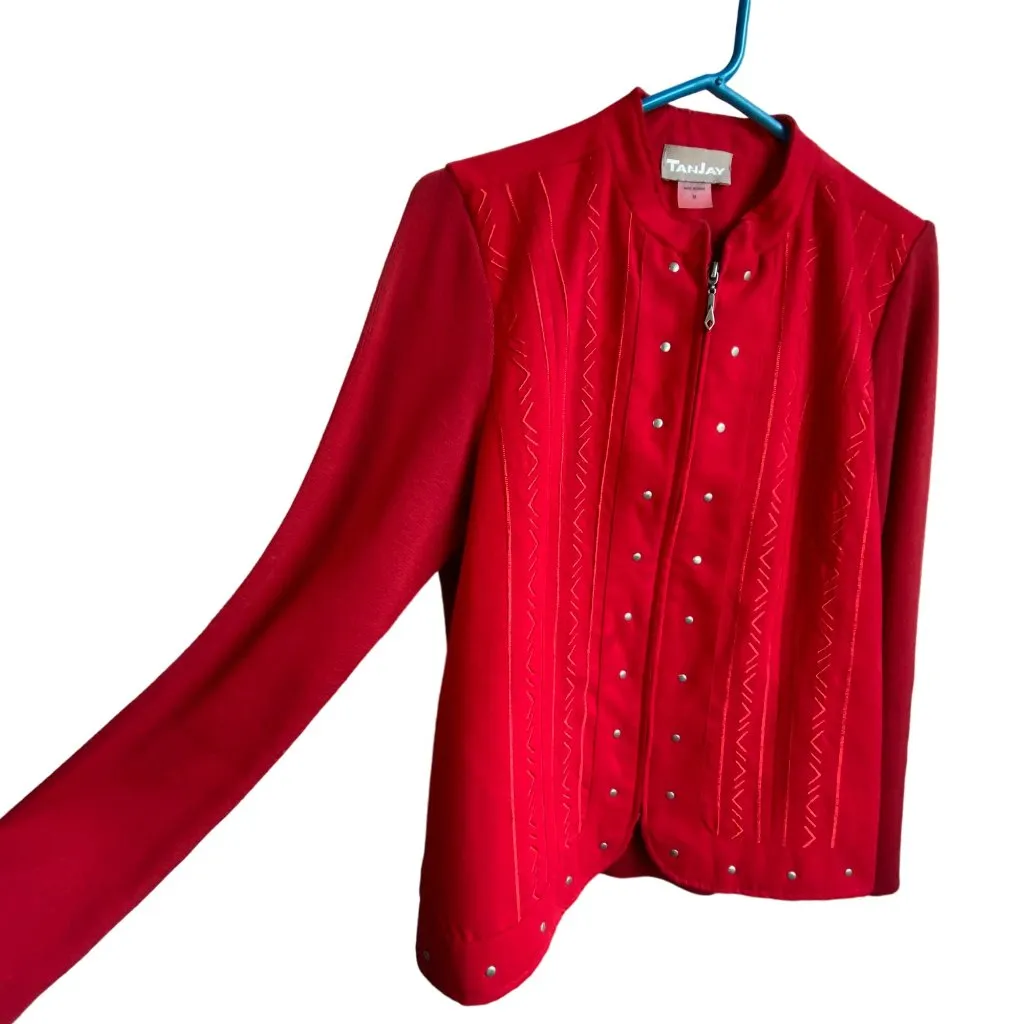 Vintage Tanjay Red‎ faux suede/knit zip up studded womens jacket sz M Red Size M - Image 3